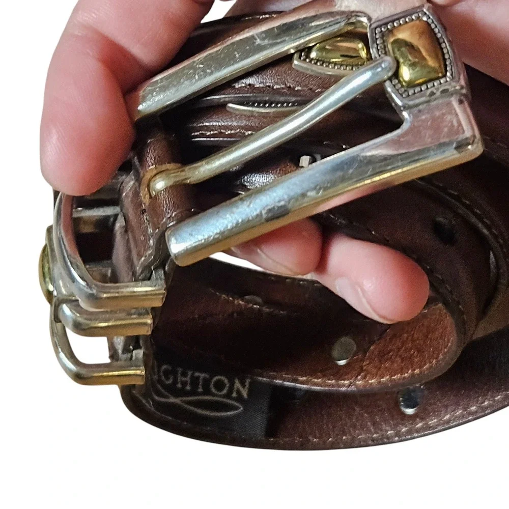 Brighton 4A308 Silver Gold Buckle Leather Western Belt Brown L/34 Boho Southwest